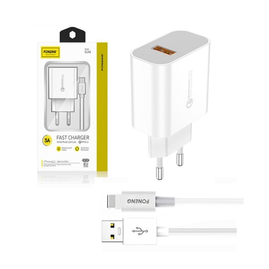 Foneng Fast USB Wall Charger EU46 with iPhone Cable 3A White Foneng Fast USB Wall Charger EU46 with iPhone Cable 3A White